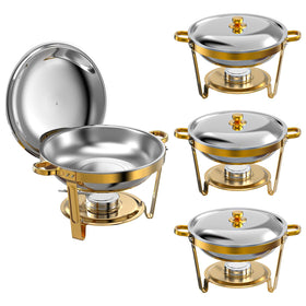 Amhier four‑pack round chafing dishes in gold finish keep foods warm at events