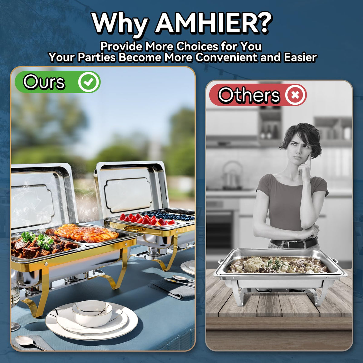 Amhier chafing dishes setup showing stable stainless steel frames for easy service