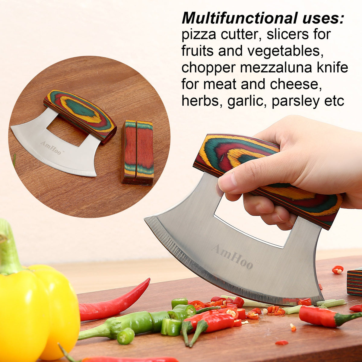 Amhoo rocker knife slicing pizza smoothly for effortless dinner prep.