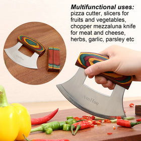Amhoo rocker knife slicing pizza smoothly for effortless dinner prep.