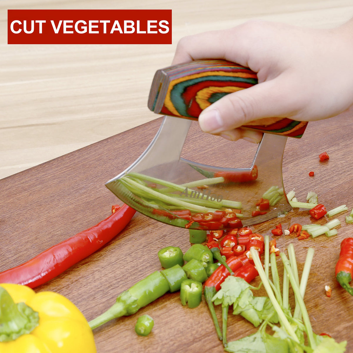 Amhoo vegetable chopping action with the mezzaluna to speed up prep.