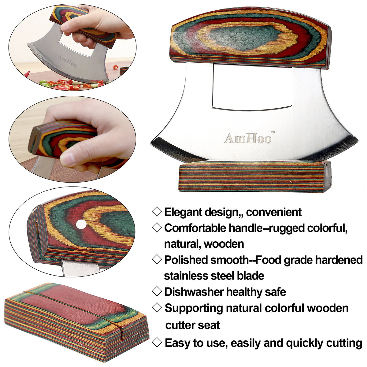 Amhoo wood grip handle detail highlighting ergonomic kitchen comfort.