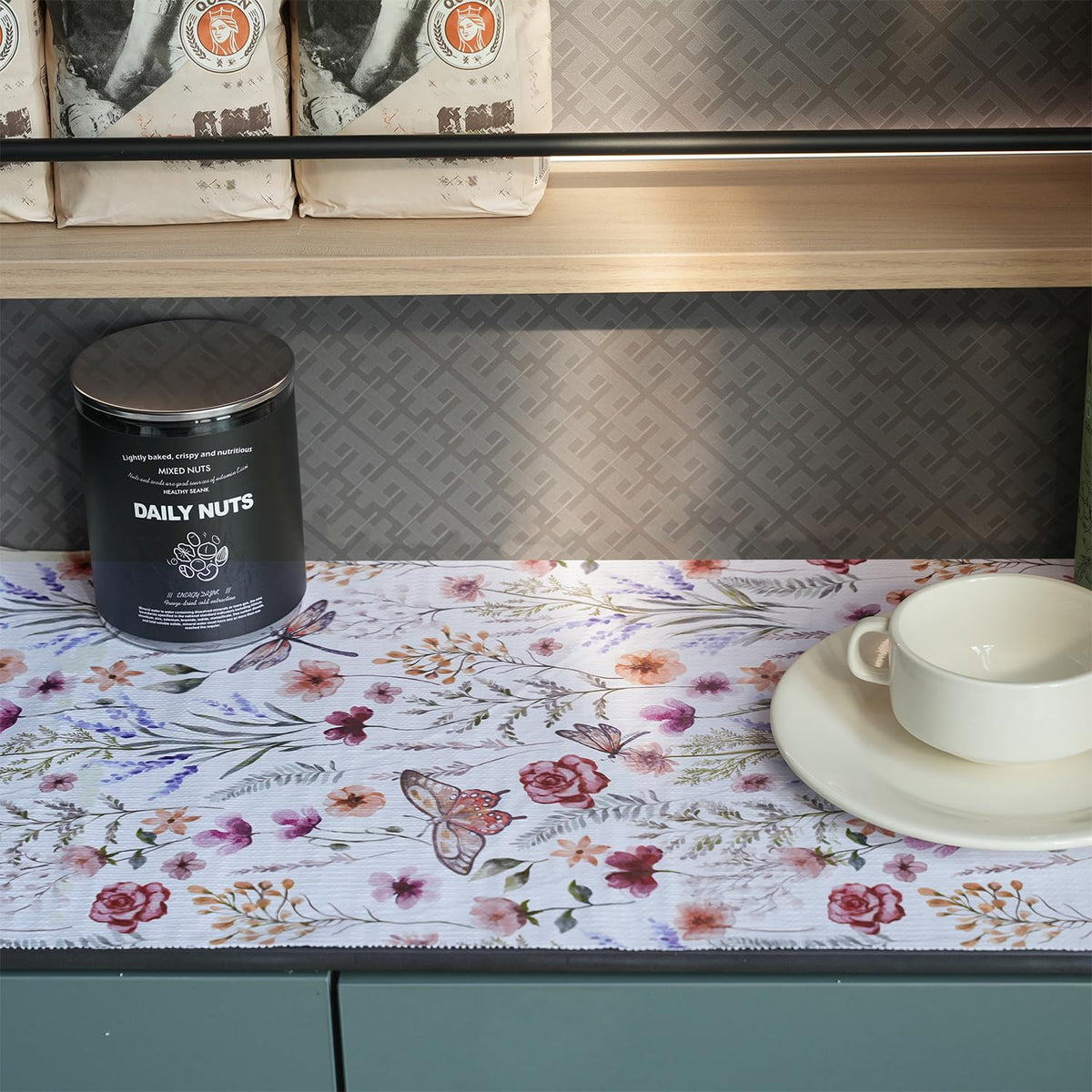 Amiitay Floral Shelf Liner keeps bathroom vanity surfaces dry.