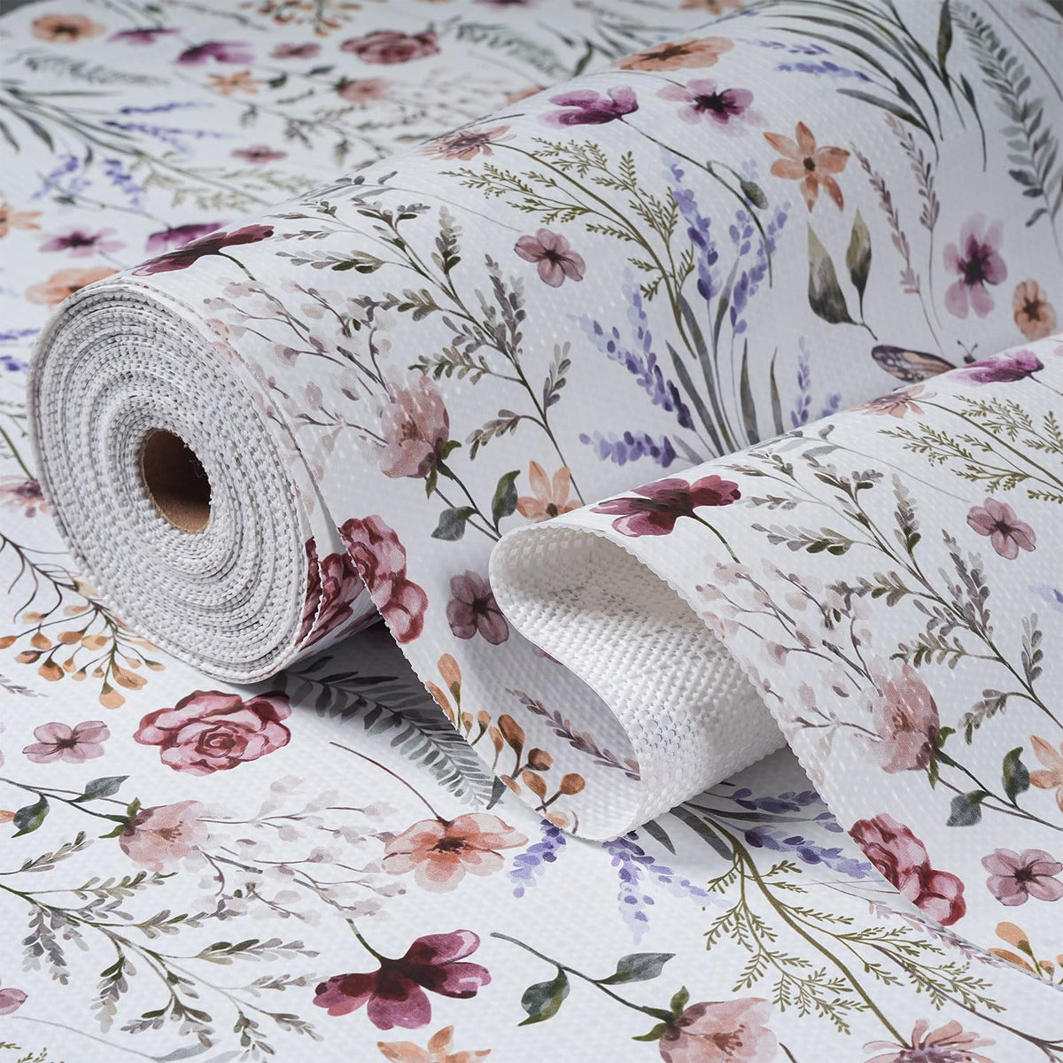 Amiitay floral shelf liner in a kitchen setting adds color and organization.