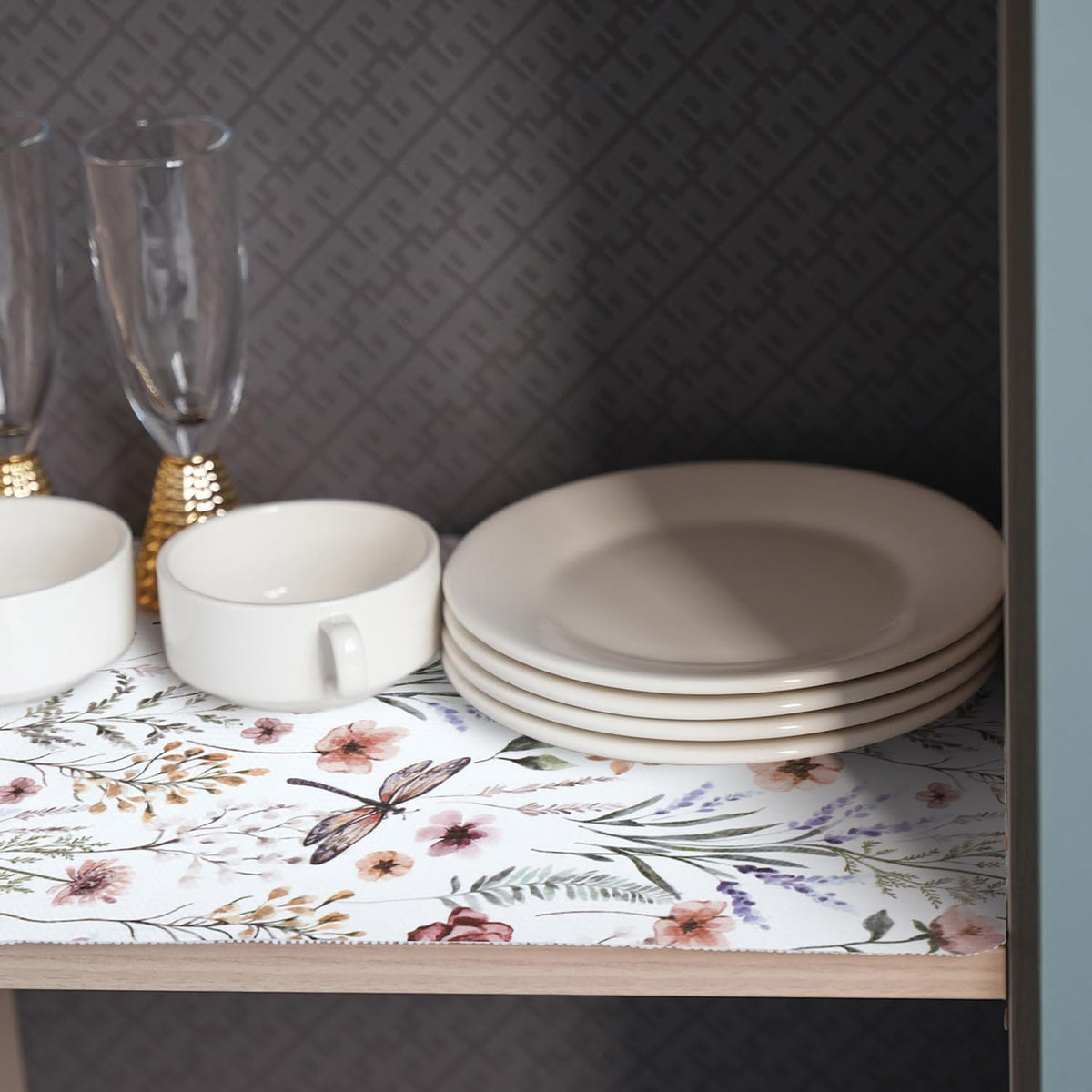 Amiitay Floral Shelf Liner non-slip texture bottom ensures secure placement.