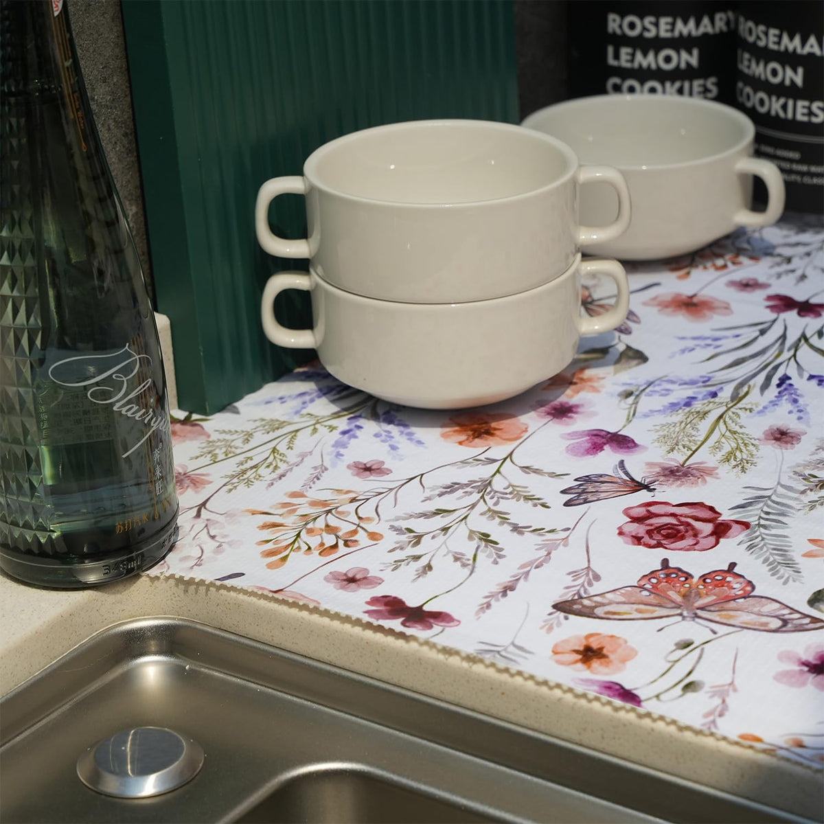 Amiitay Floral Shelf Liner protects pantry shelves from spills.