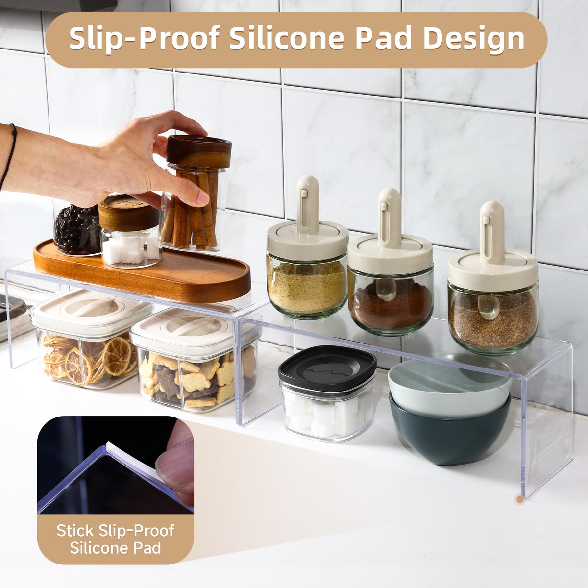 Aminigram kitchen counter organizer provides accessible storage space.