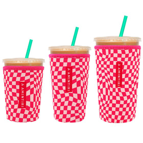 Amintiri 3-pack neoprene sleeve for 16-18oz cups with pink checkerboard keeps hands dry.