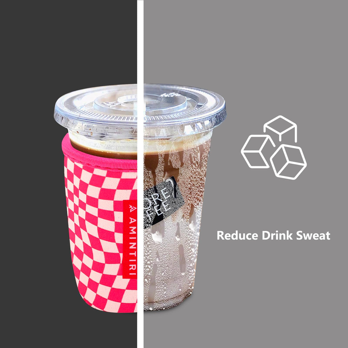 Amintiri 3-pack neoprene sleeve for 22-24oz cups with pink checkerboard adds insulation and style.