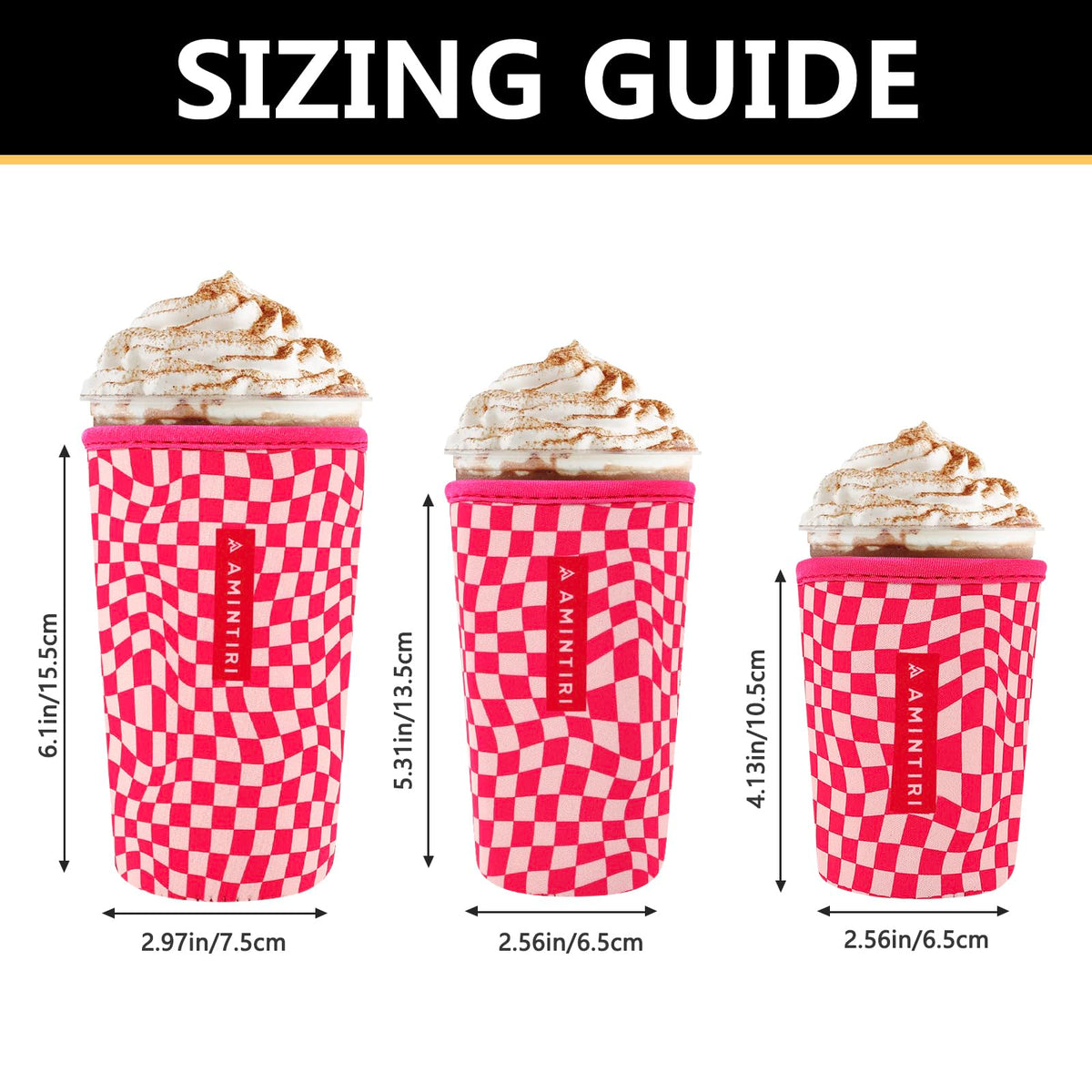 Amintiri 3-pack neoprene sleeve for 32oz cups with pink checkerboard protects hands and reduces condensation.