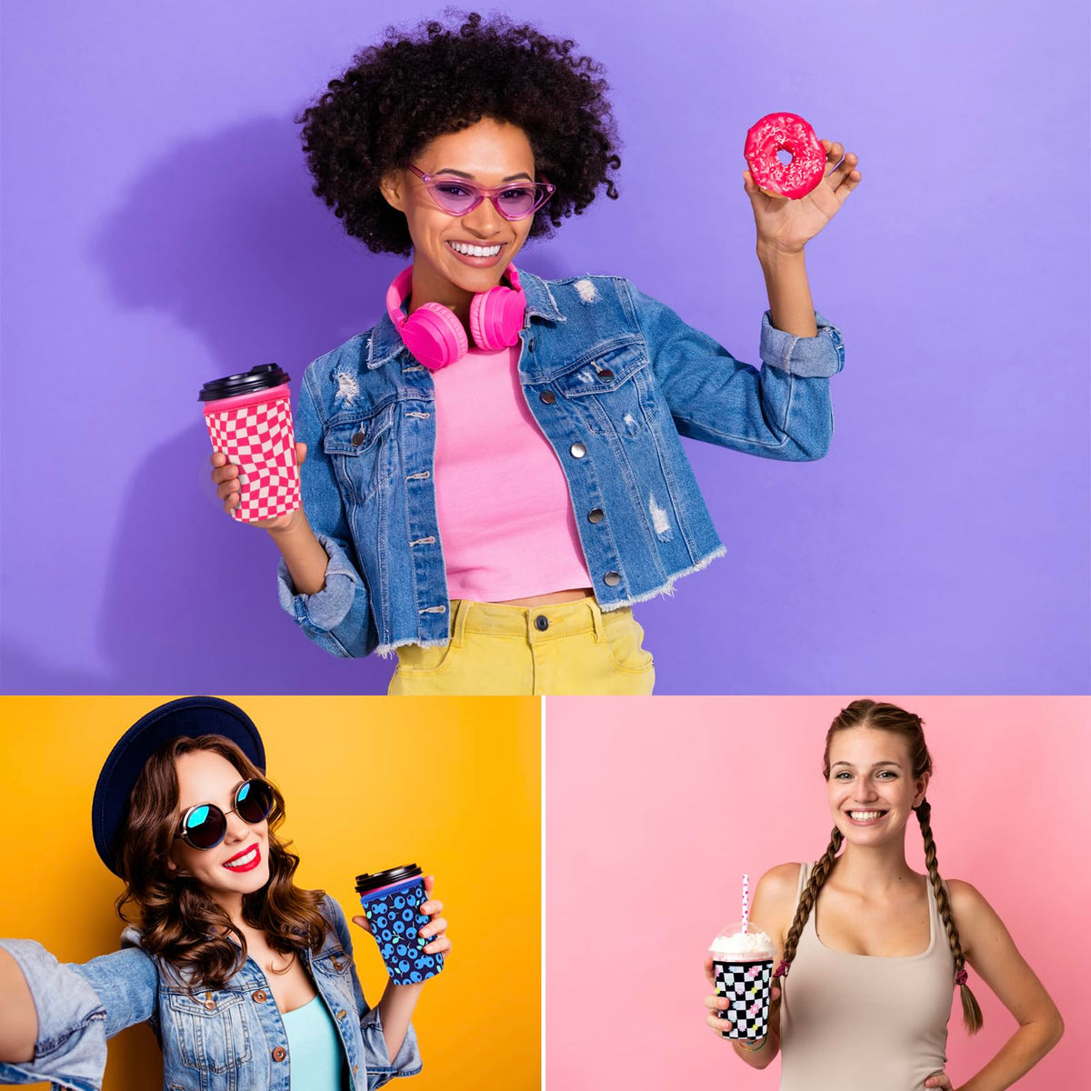 Amintiri neoprene sleeve stylish pink checkerboard adds personality to beverages.