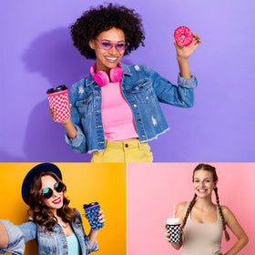 Amintiri neoprene sleeve stylish pink checkerboard adds personality to beverages.