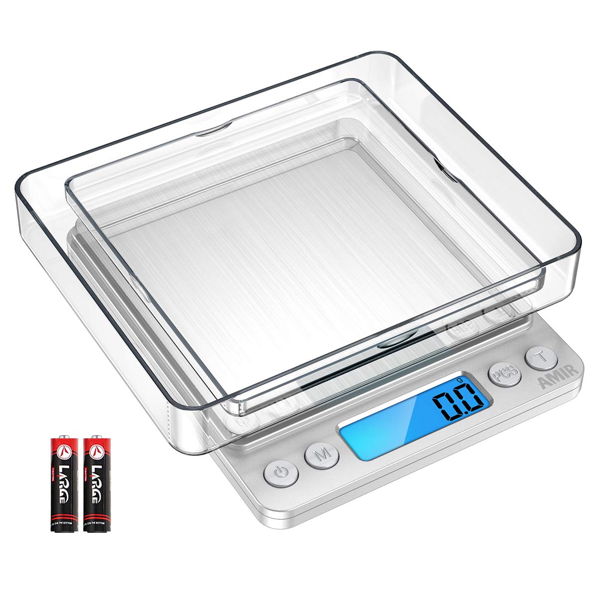 AMIR digital kitchen scale with backlit display for precise readings in dim light