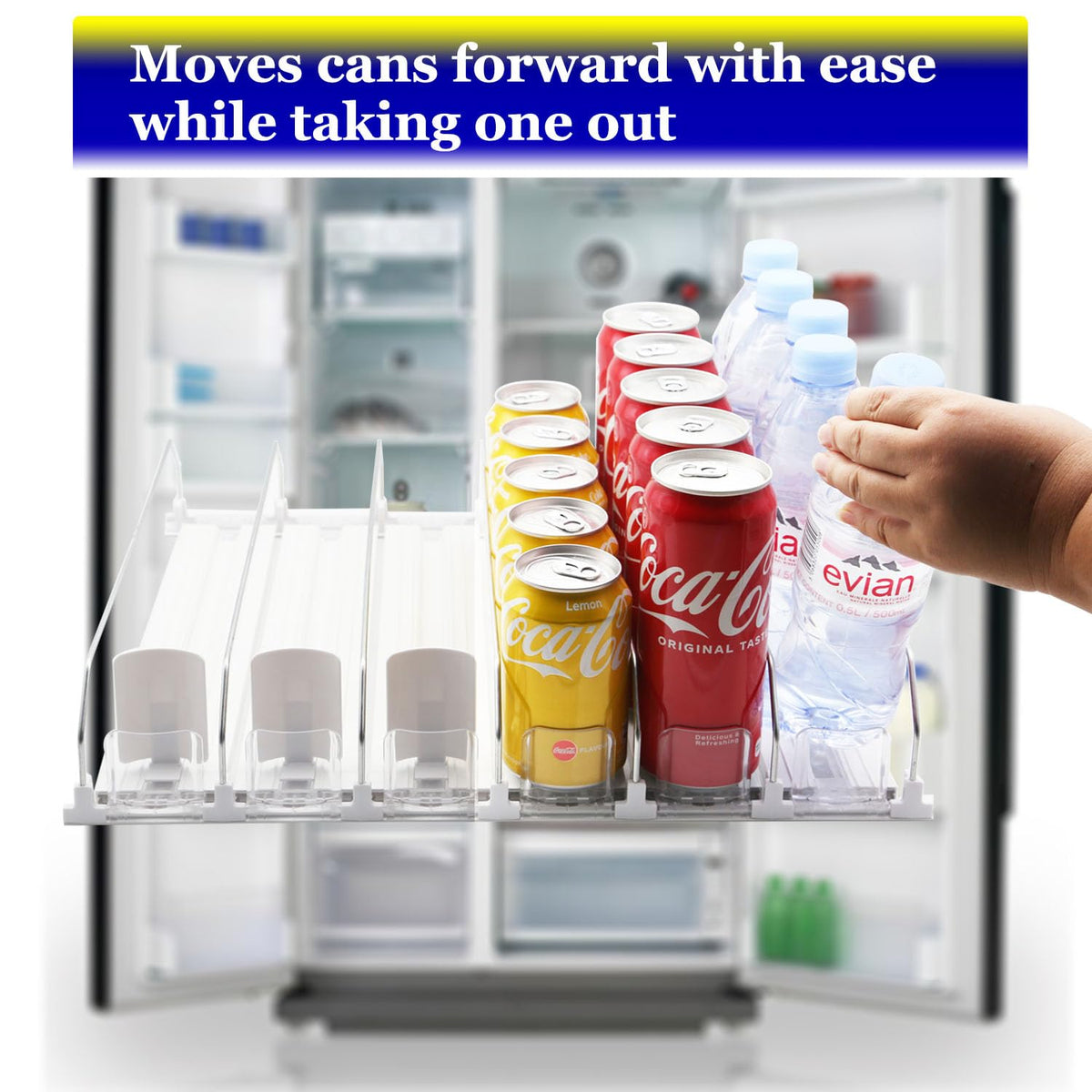 AMLLLC soda can dispenser side view shows adjustable width for varied beverages.