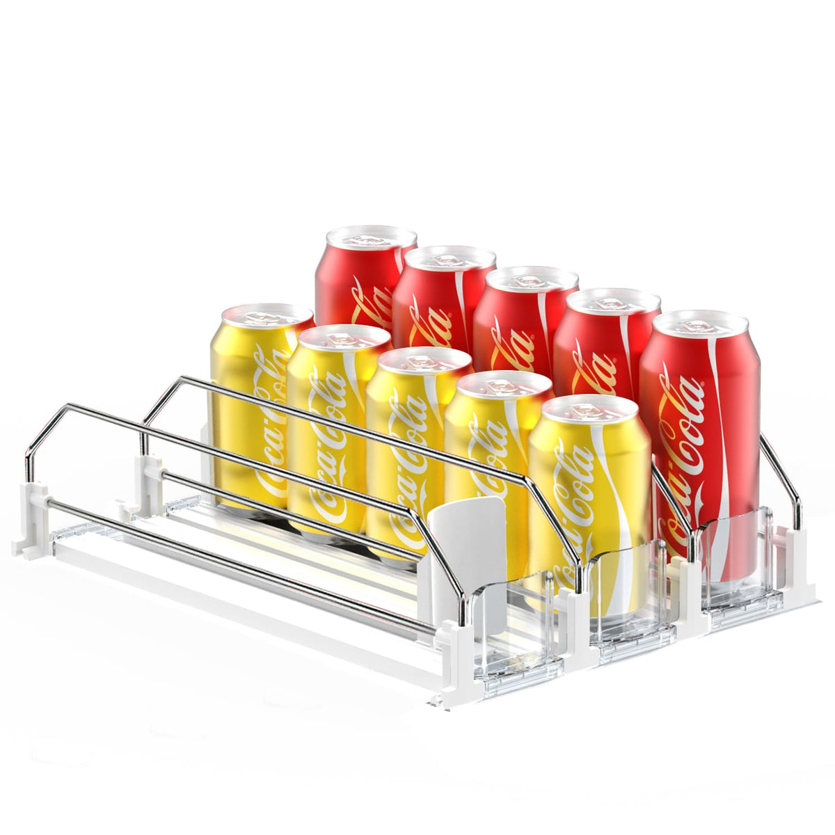 AMLLLC drink organizer in fridge, front view shows 15-can capacity for quick access.