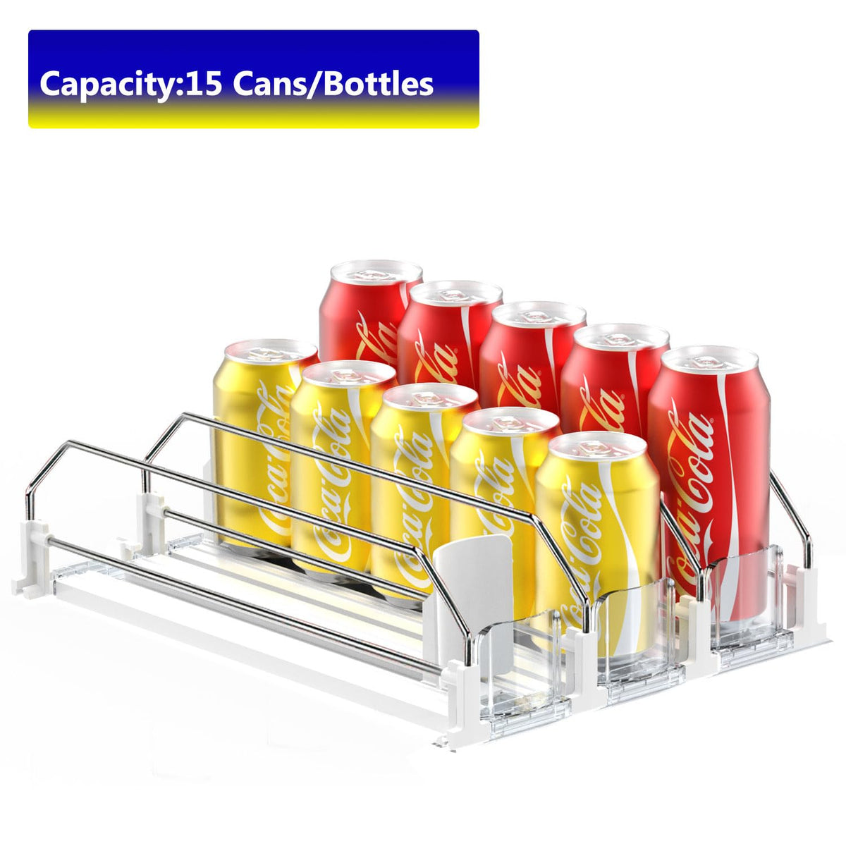 AMLLLC storage solution supports various beverages including cans and bottles for organized fridge space.