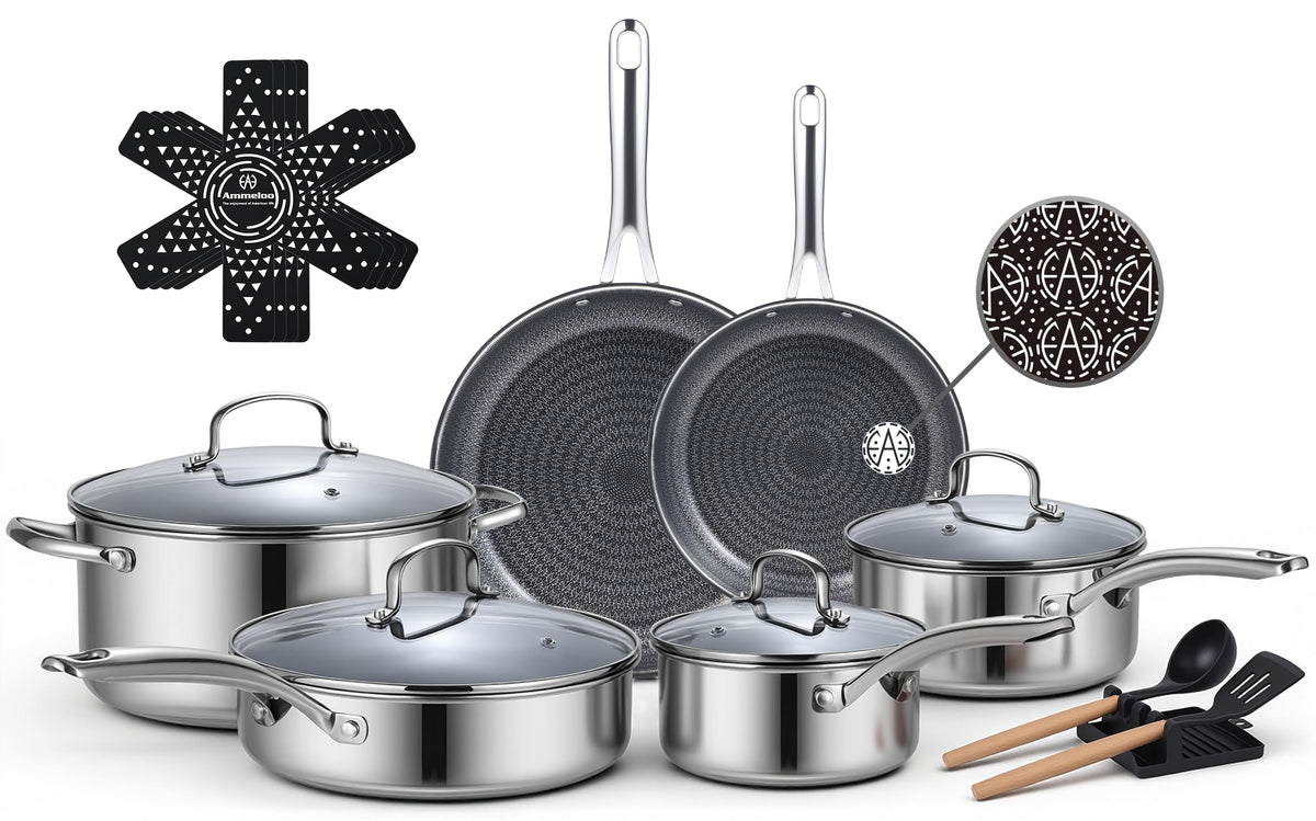 Ammeloo 17-piece set on stove showing versatile nonstick performance