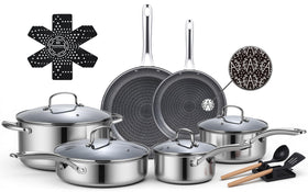 Ammeloo 17-piece set on stove showing versatile nonstick performance