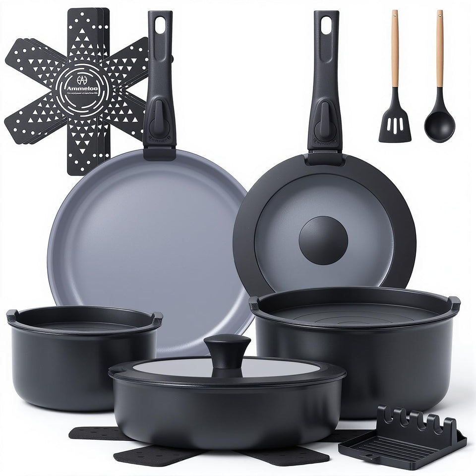 Ammeloo 18-piece ceramic pots and pans set shown together for everyday meals.