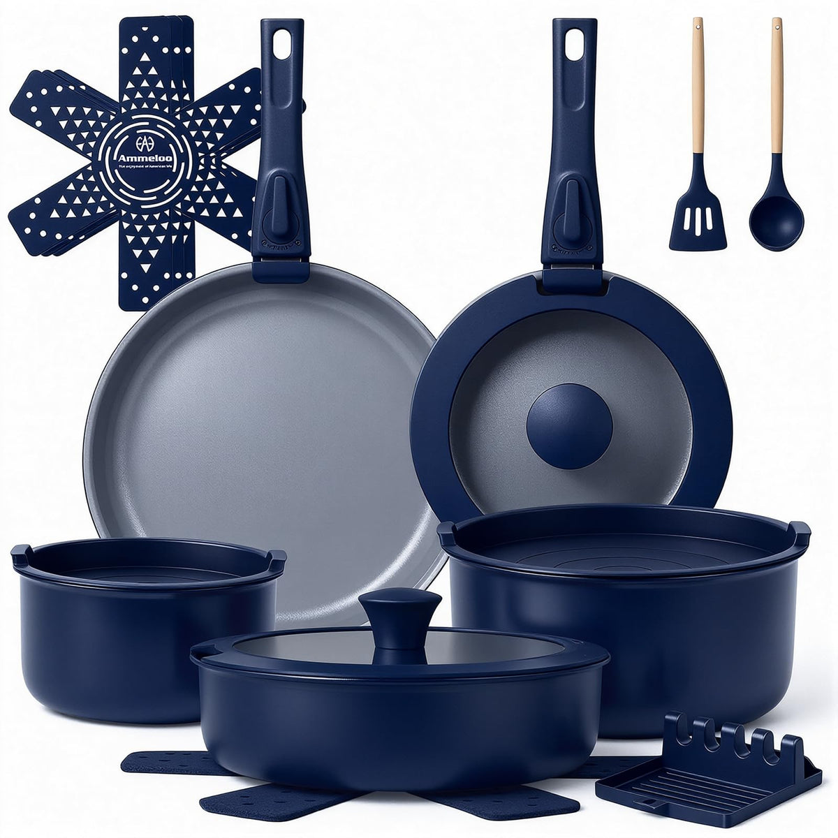 Ammeloo 18-piece ceramic pots and pans set shown from a top view, highlighting stackable design.