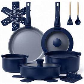 Ammeloo 18-piece ceramic pots and pans set shown from a top view, highlighting stackable design.