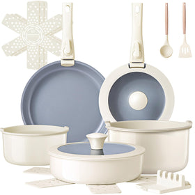 Ammeloo 18-piece ceramic set displayed, highlighting non-toxic materials and spacious cooking options