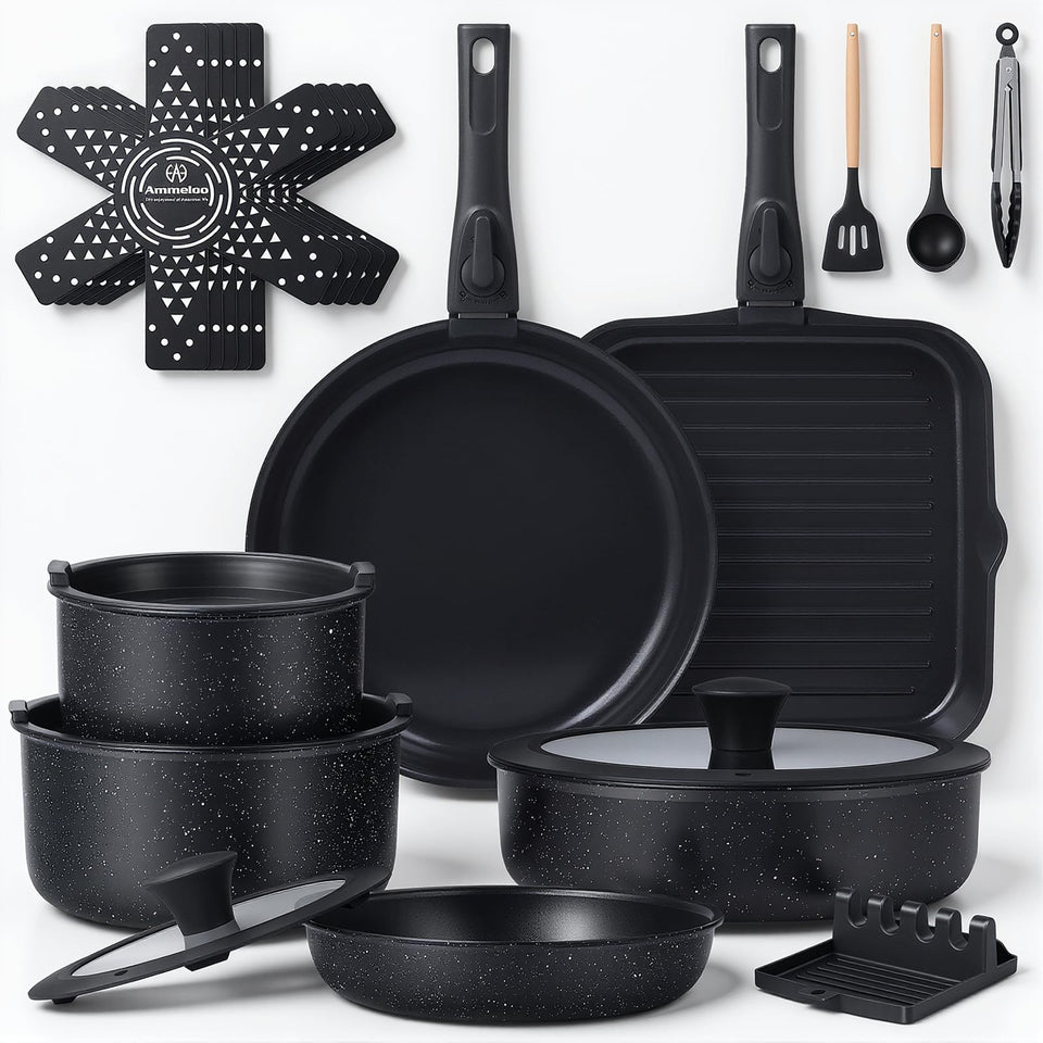 Ammeloo 21-piece set with detachable handle for compact storage and easy transport.