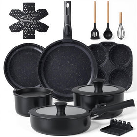 Ammeloo 21-piece ceramic set shown with detachable handles for versatile oven-to-table use.