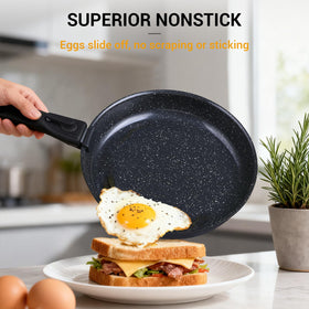 Ammeloo 8-inch saucepan showcasing smooth ceramic coating for low-oil cooking.
