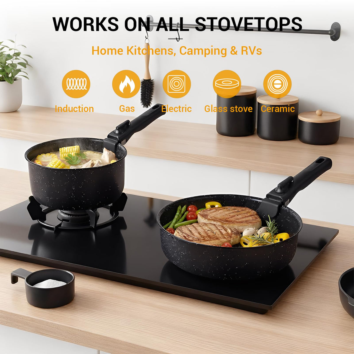 Ammeloo detachable-handle system enabling stove-to-oven transition.