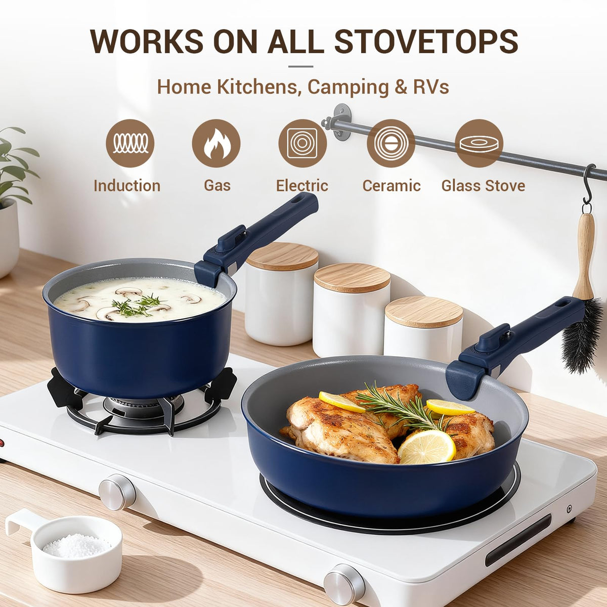 Ammeloo pots and pans labeled dishwasher-safe for easy cleanup.