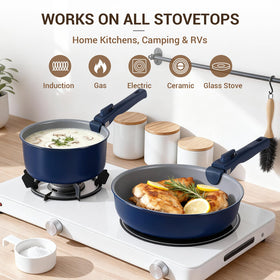Ammeloo pots and pans labeled dishwasher-safe for easy cleanup.
