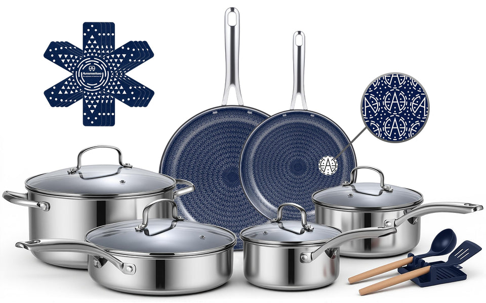Ammeloo hybrid cookware set with textured surface for easier release and even heating.