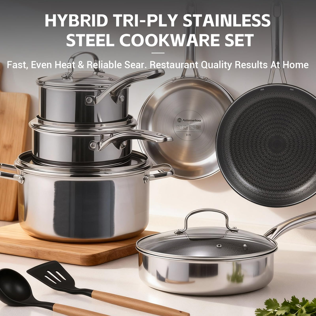 Ammeloo included utensils and pan protectors complete the set