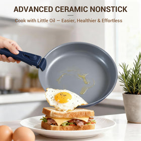 Ammeloo navy-blue ceramic nonstick coating ready for low-oil cooking.
