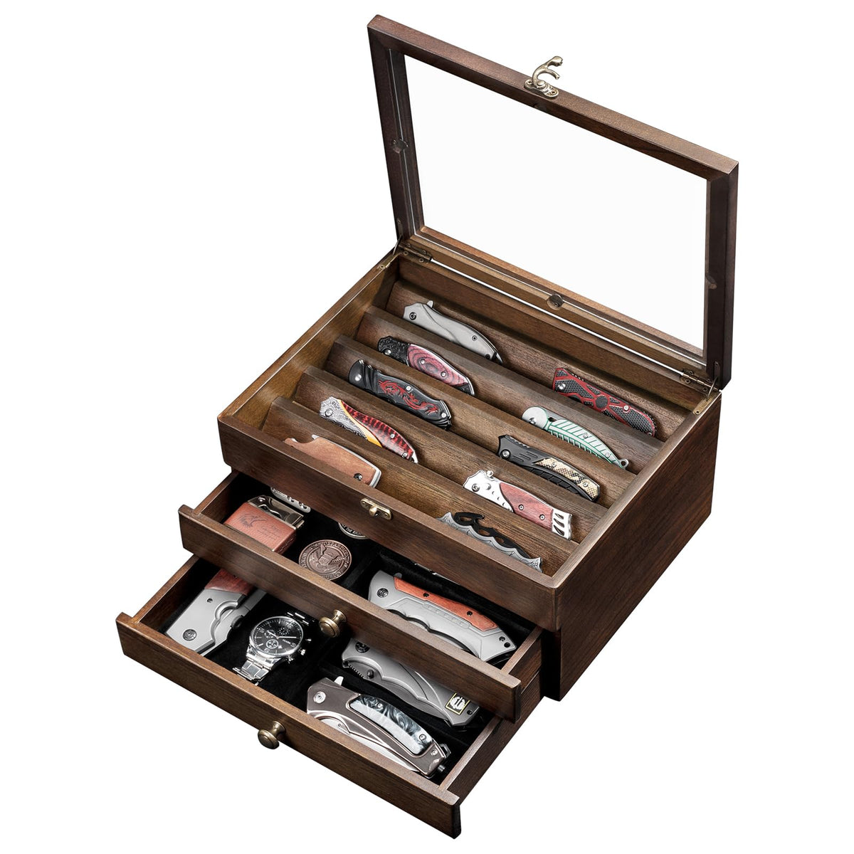 amoard knife display case with glass lid showcases blades clearly and dust-free.