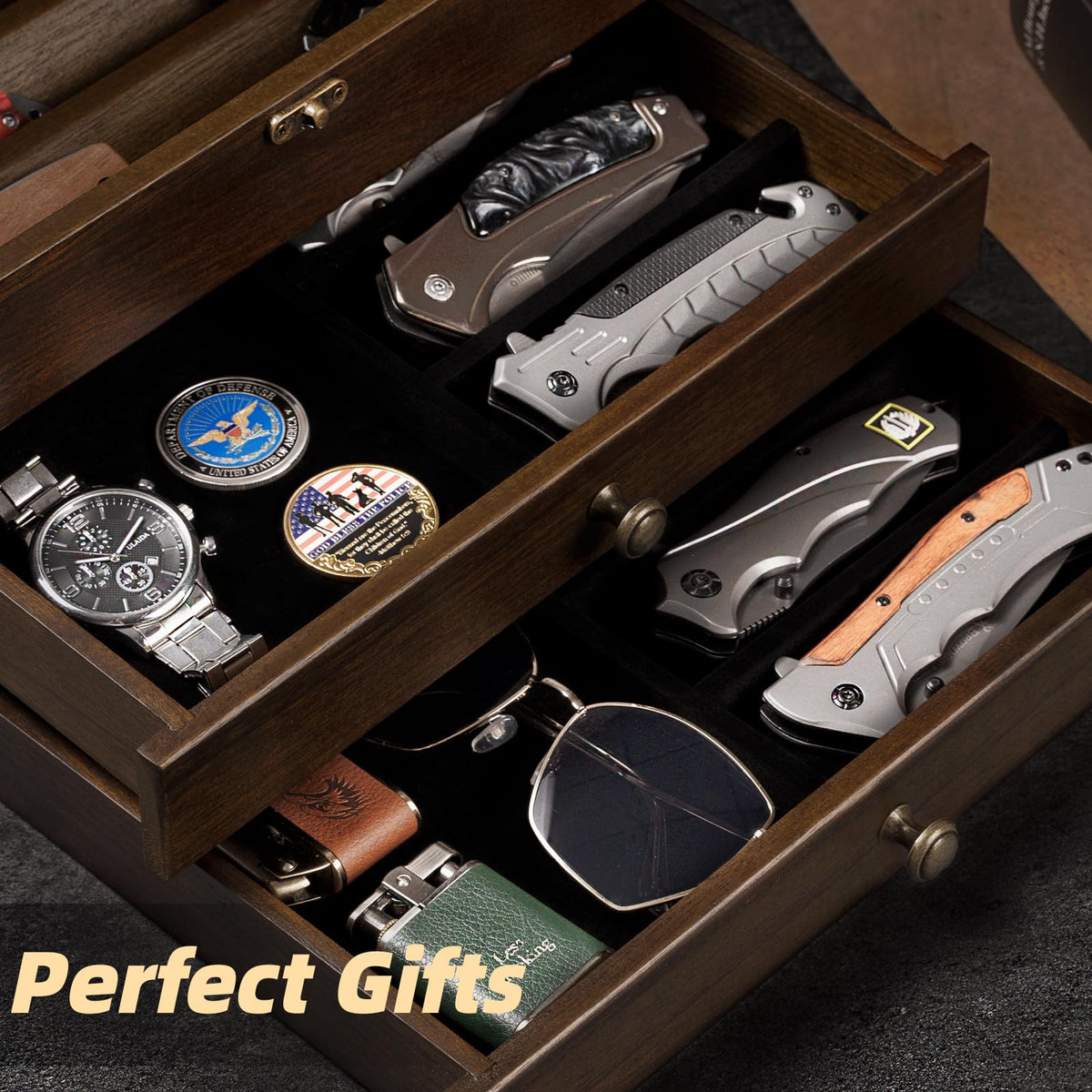 amoard knife display lower drawer stores folding knives securely.