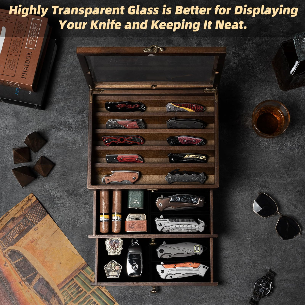amoard knife display upper tier highlights long daggers for easy viewing.