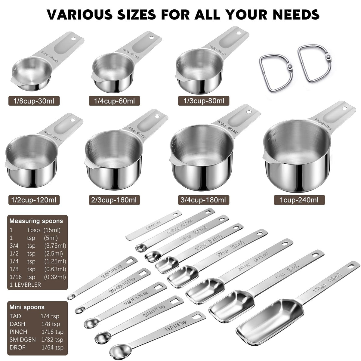 AMOHEE stainless steel measuring cups and spoons showing durable construction and rust resistance