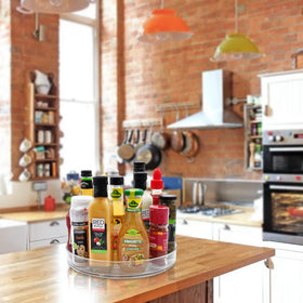 Amolliar fridge spinning rack provides stable storage for condiments and snacks.