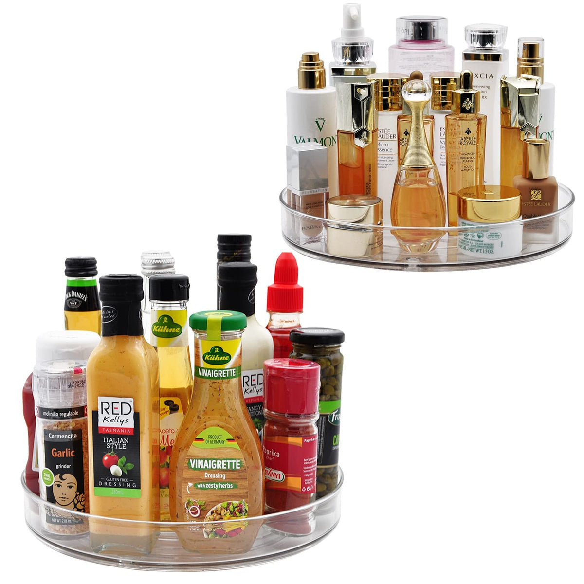 Amolliar rotating turntable shown on kitchen shelf for organized storage.