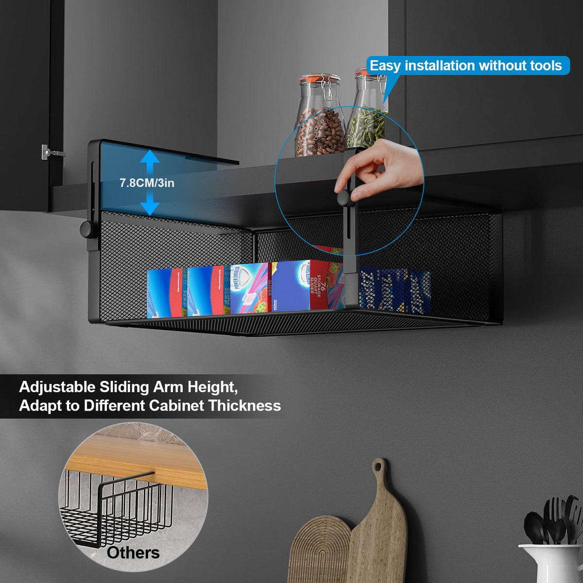 AmonHouseware adjustable hanging arm showing 0–3 inches range for tight cabinets.