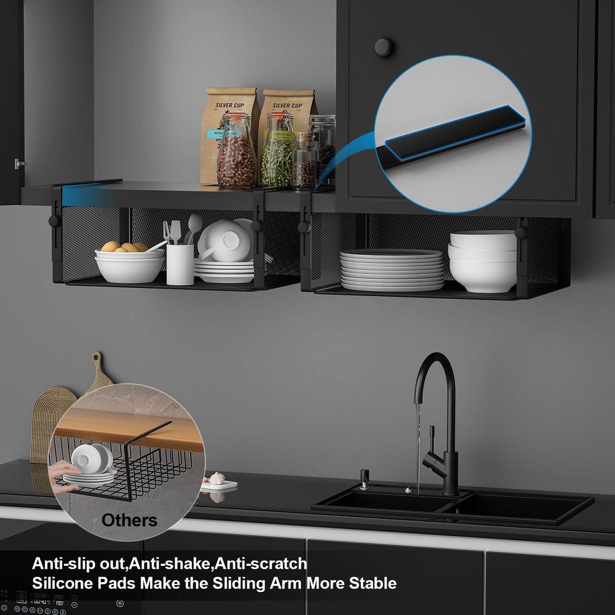 AmonHouseware installed under cabinet in kitchen maximizing space.