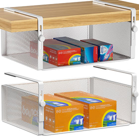 AmonHouseware under-shelf basket installs quickly with no tools for easy cabinet organization.