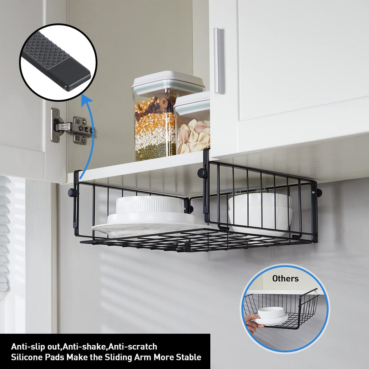 AmonHouseware under-shelf basket showing compact dimensions for cabinet fit.