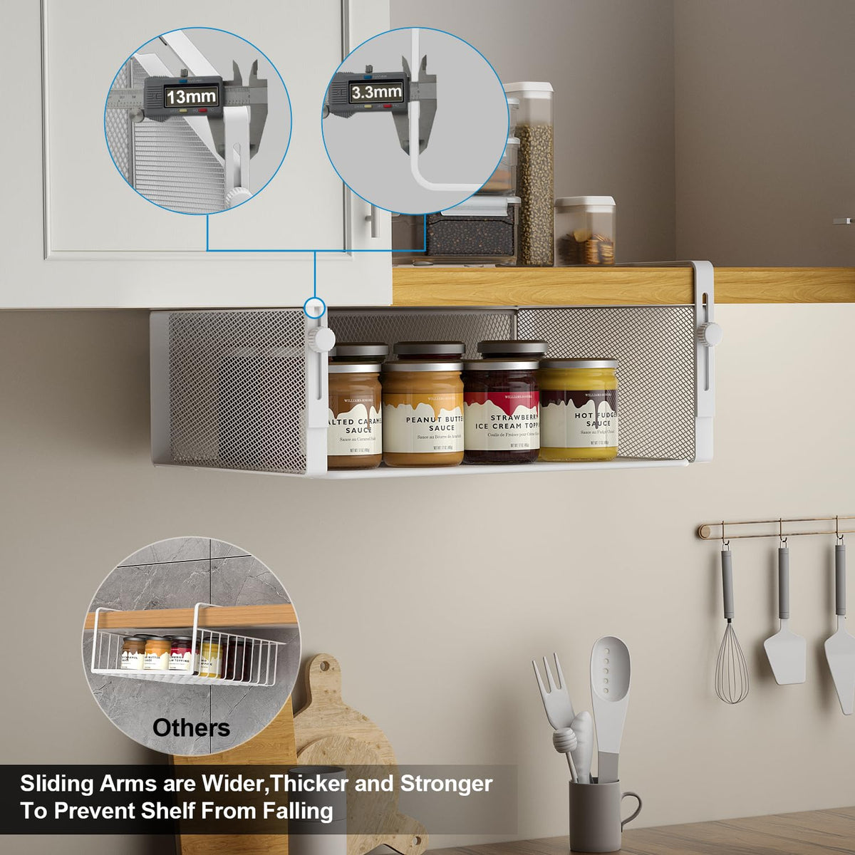 AmonHouseware dimensions 13.1 by 10 by 4.6 inches fit standard cabinets.