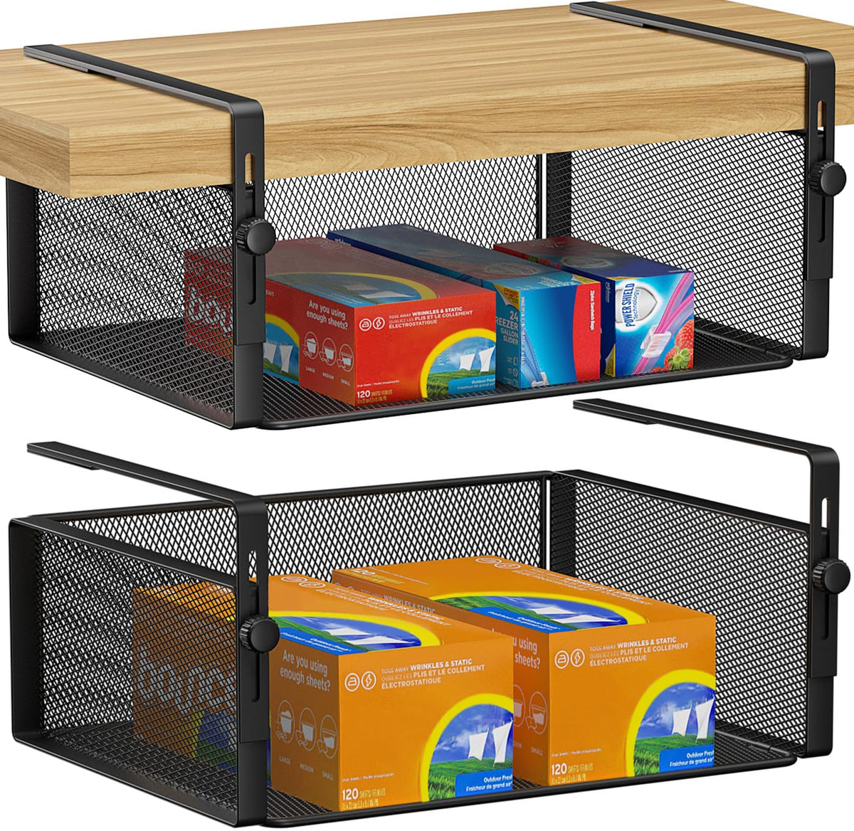 AmonHouseware under shelf basket front view with adjustable height for cabinet storage.