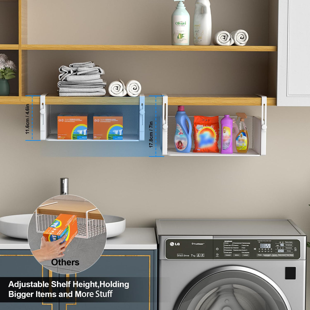 AmonHouseware large-capacity basket adjusts height up to 7 inches for bigger items.
