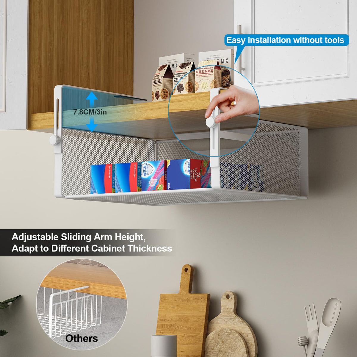 AmonHouseware stable under-shelf basket features tilt-proof design for secure storage.