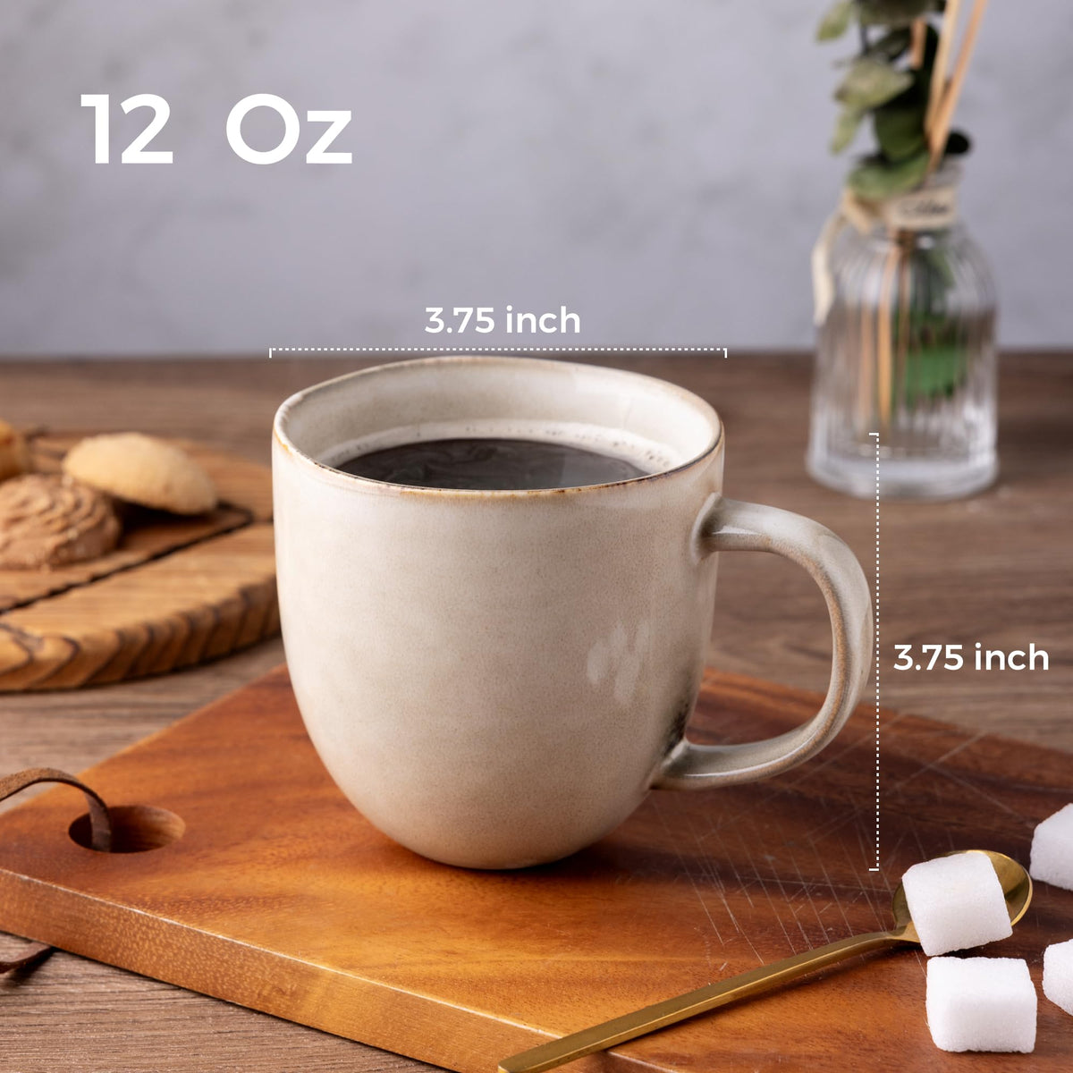 AmorArc ceramic mug in a closeup showcases the reactive glaze and color variation.